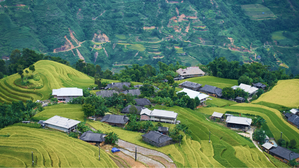 Rice terraces and village homes in rural Vietnam