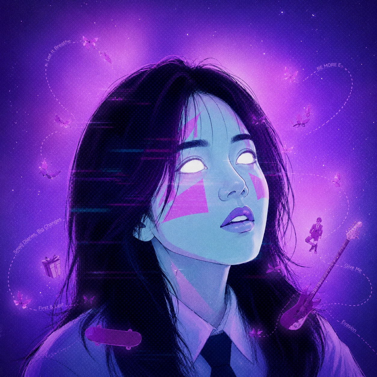 Purple illustrated portrait representing Emma's creative life
